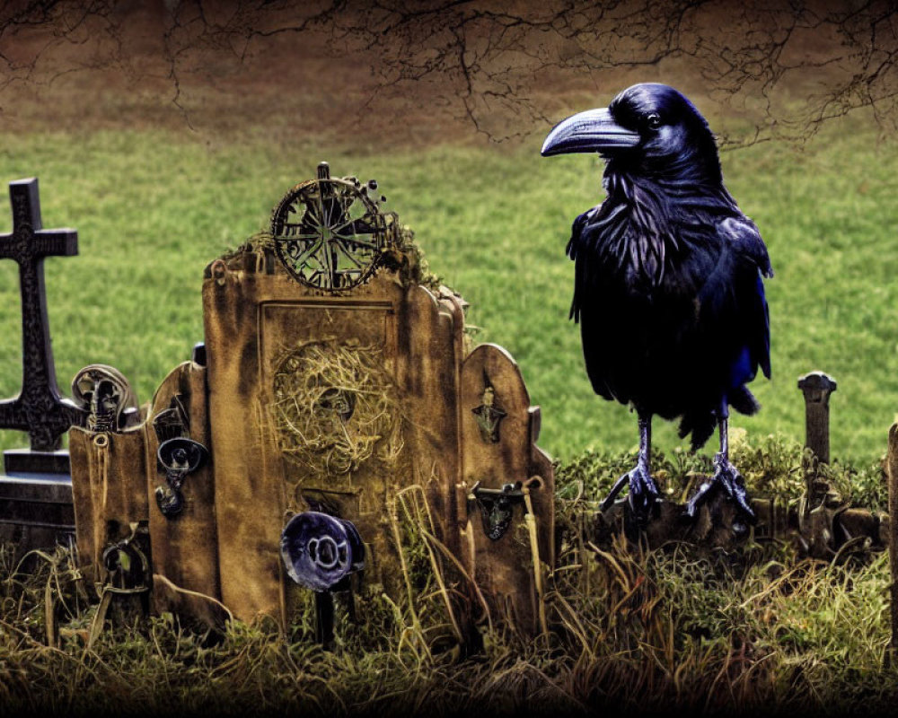 Raven perched in eerie graveyard with ancient tombstones