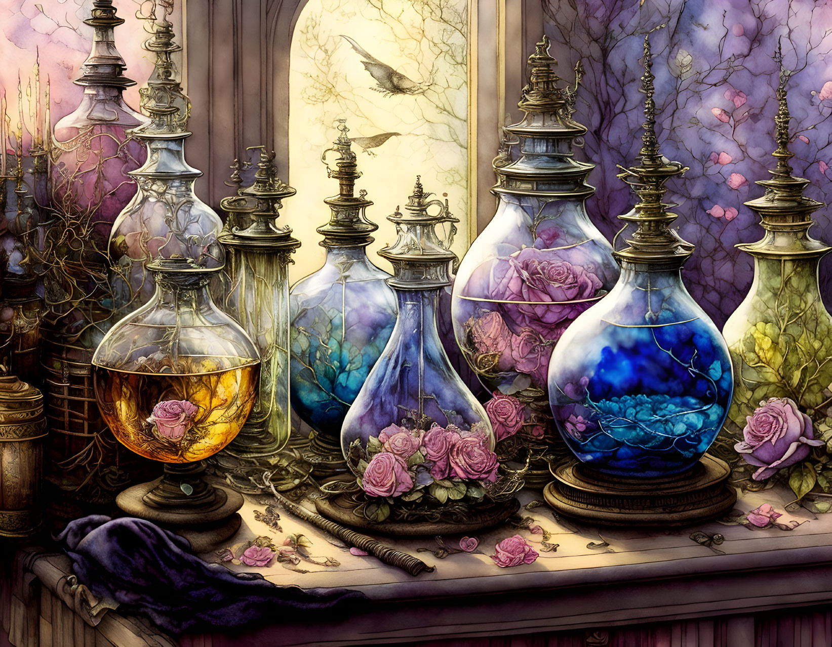 Whimsical still life with ornate glass bottles, roses, bird, and twilight sky
