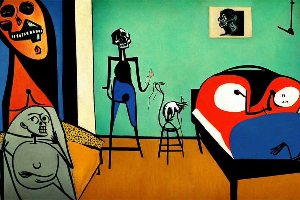 Abstract painting of room with distorted figures, skeleton, bright colors, and cubist style.