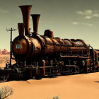 Fantastical steam locomotive with multiple smokestacks in desert landscape