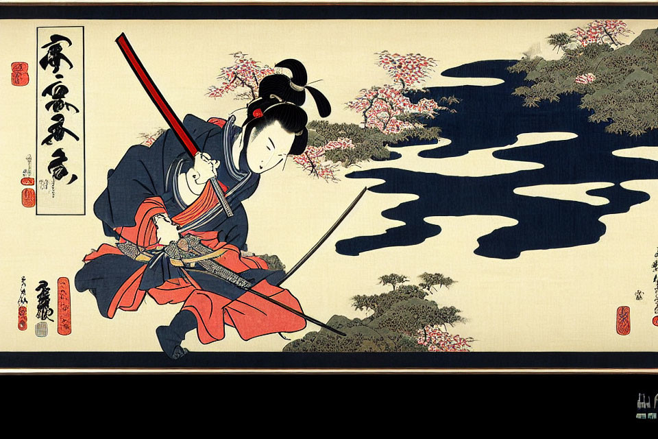 Traditional Japanese Woodblock Print of Woman with Sword by Cherry Blossom River