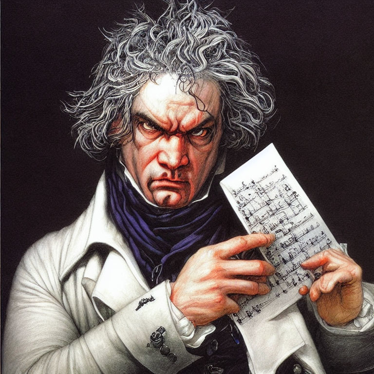 Portrait of man with wild grey hair and scowl, holding sheet music, in white shirt and dark