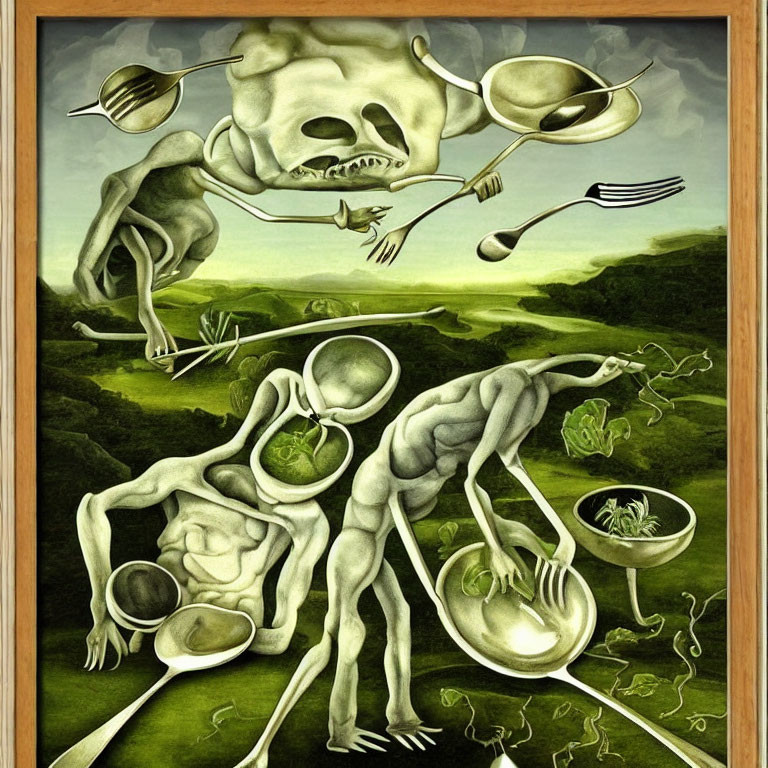 Surrealist painting with figures having cutlery heads in green landscape