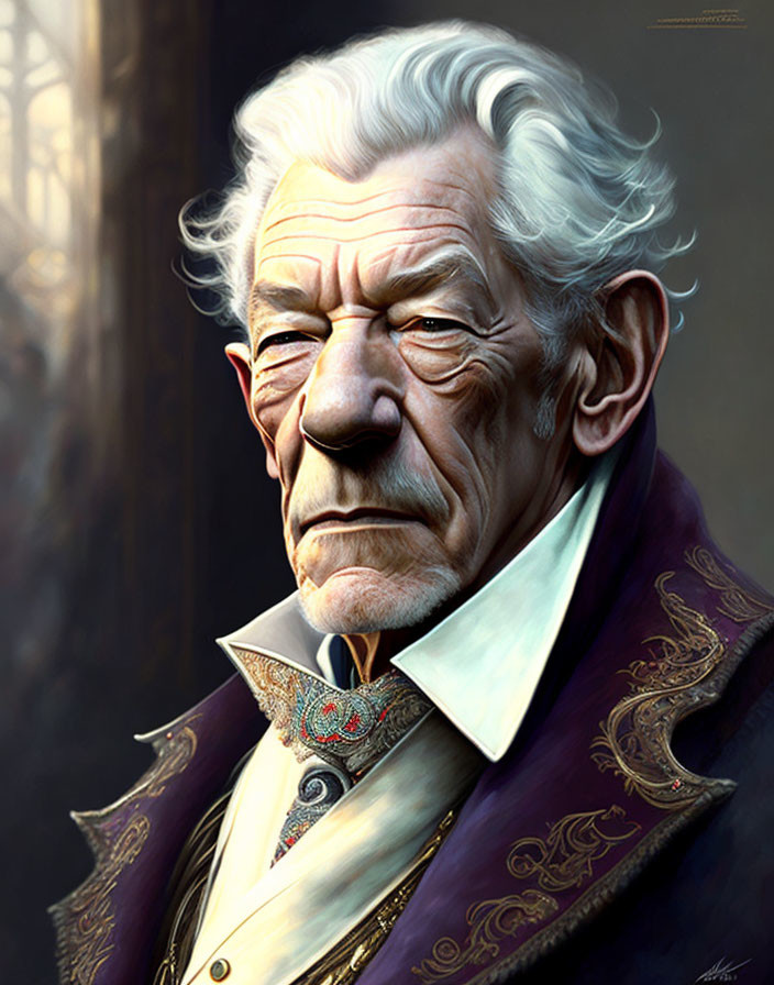 Elderly gentleman in regal purple jacket digital artwork
