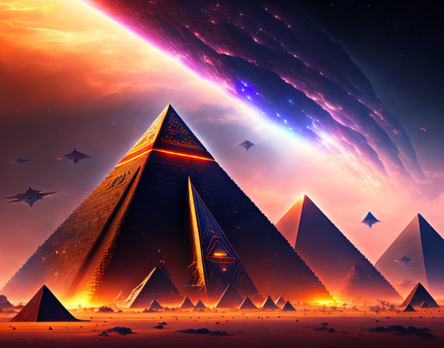 Sci-fi Egyptian landscape with pyramids, comet, colorful sky, and futuristic craft