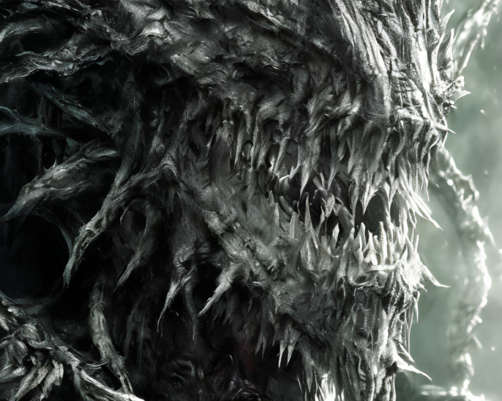 Detailed Close-Up of Menacing Monster with Sharp Teeth and Furry Texture