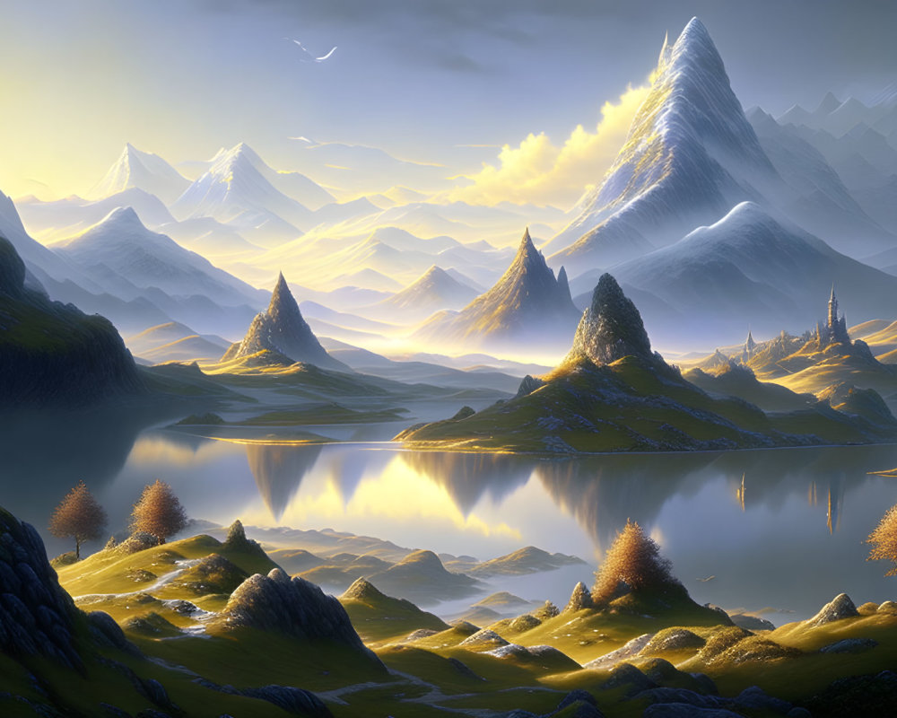 Majestic snow-capped mountains and tranquil lake in fantasy landscape