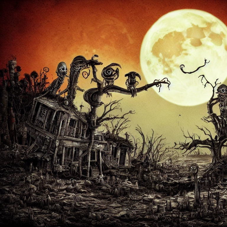 Spooky Tim Burton-style illustration of haunted house and eerie figures