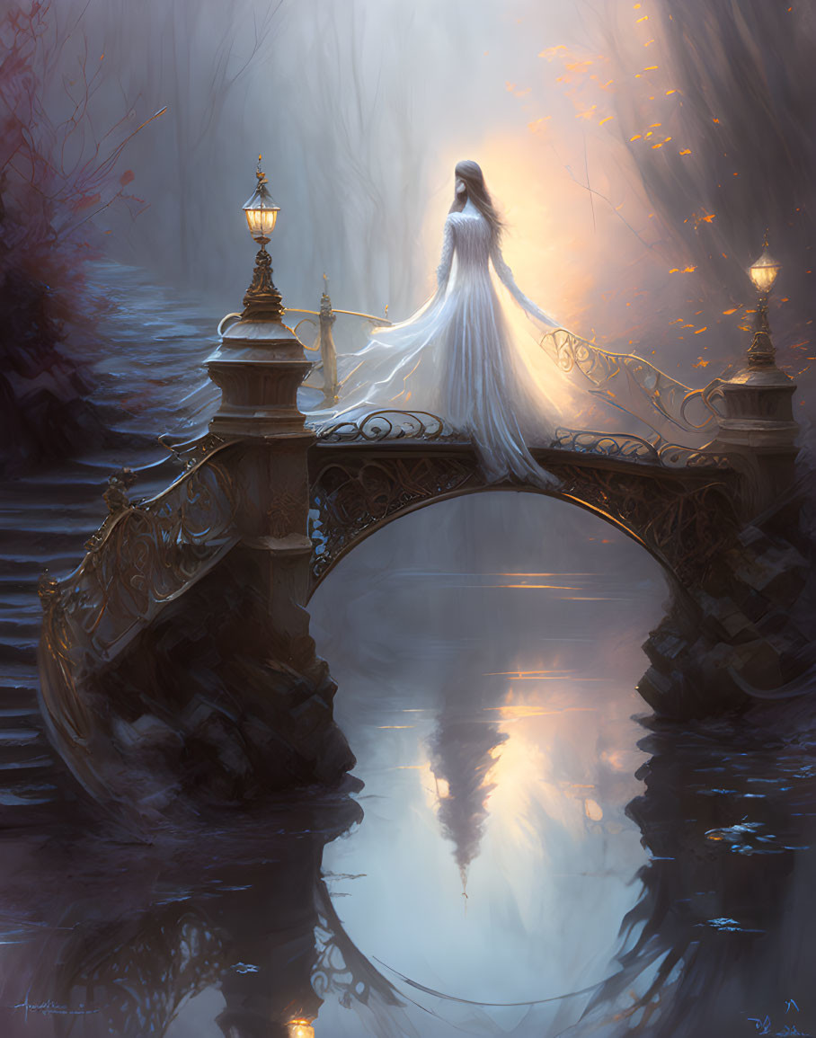 Woman in white dress on decorative bridge over water with lanterns and misty woods.
