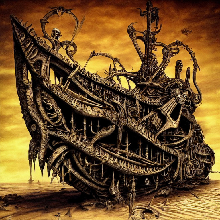Detailed surreal ship illustration with organic and mechanical fusion under amber sky