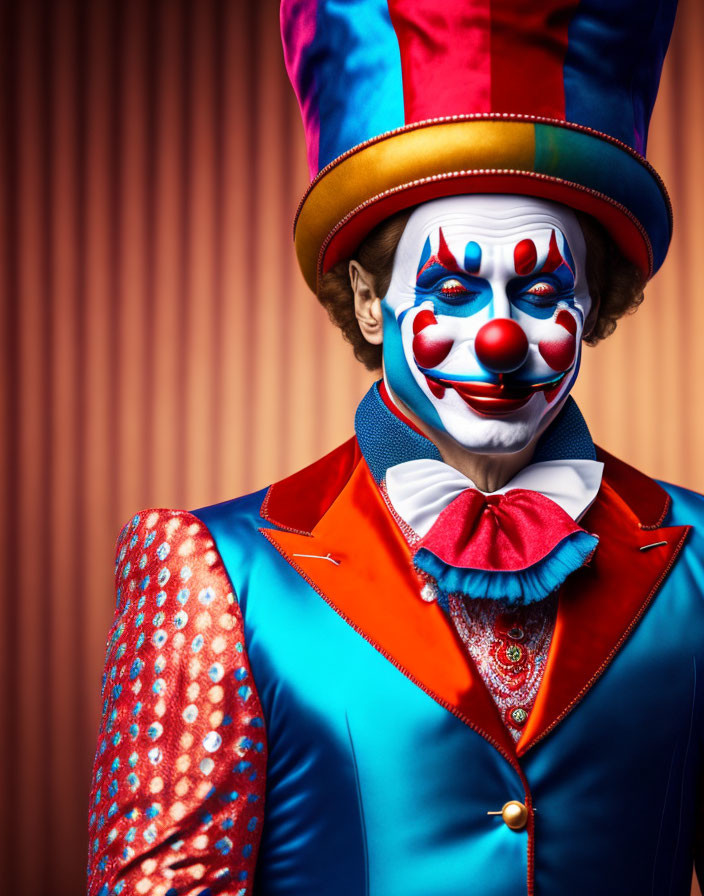 Vibrant clown with tall hat and painted face on striped background