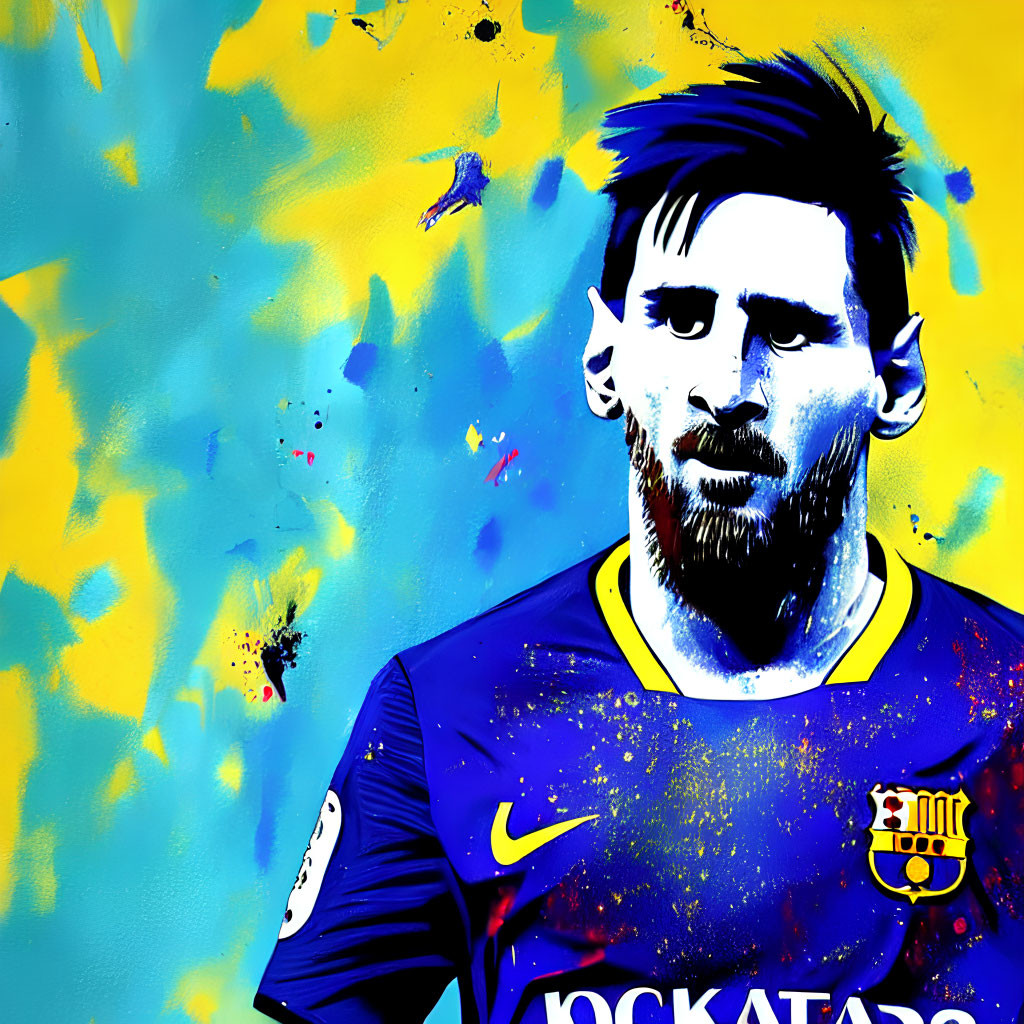 Soccer player in blue and red jersey on vibrant splattered background