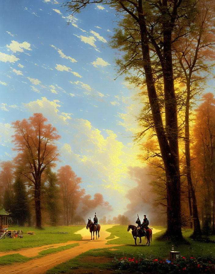 Riders on horses in misty forest with carriage