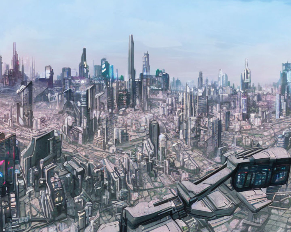Futuristic cityscape with high-rise buildings and flying vehicles