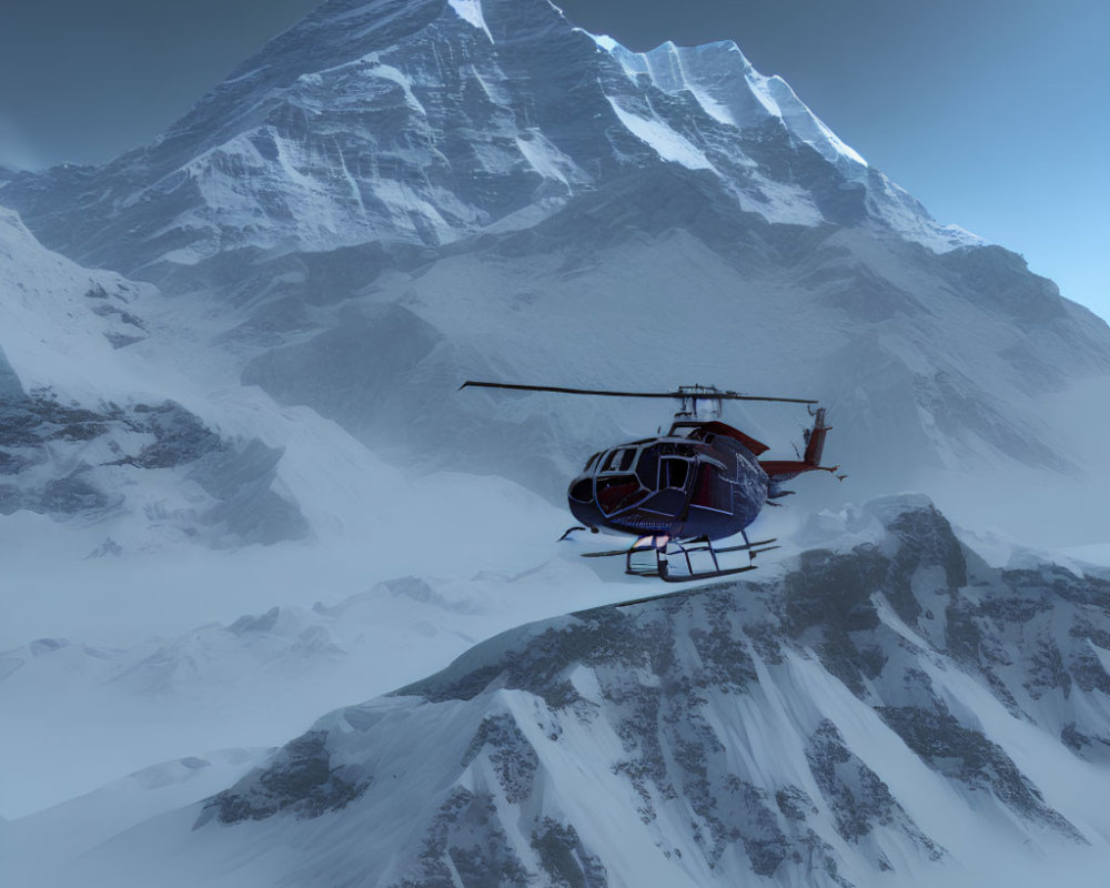 Helicopter flying near snowy mountain peak in hazy blue sky