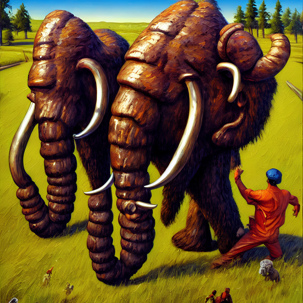 Surreal Image: Giant Furry Creatures with Spiraling Tusks in Grass Field