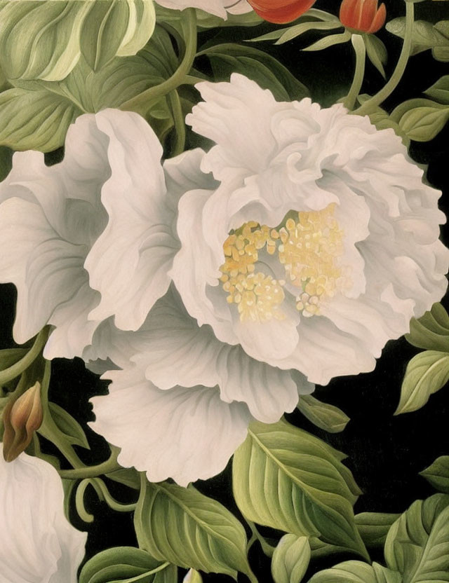 Detailed painting of white peony flowers with yellow centers on dark background
