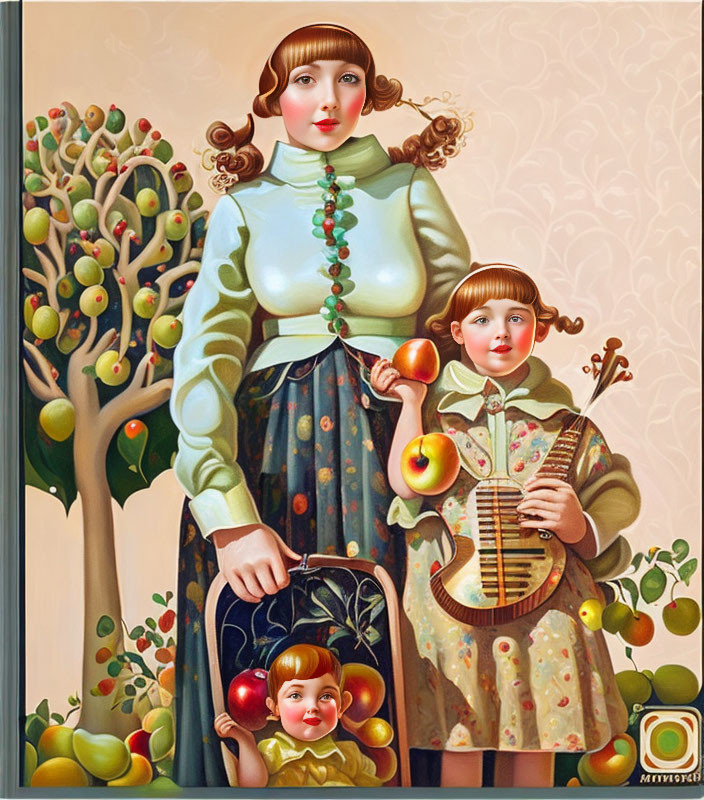 Surreal painting of woman and child in apple-themed attire among apple trees