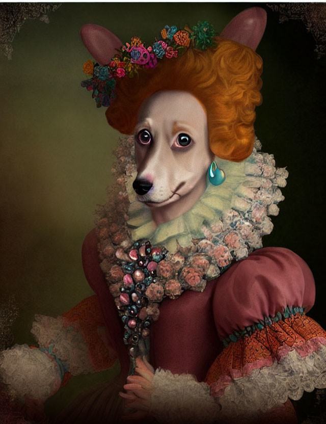 Dog with human body in vintage attire and floral headpiece.