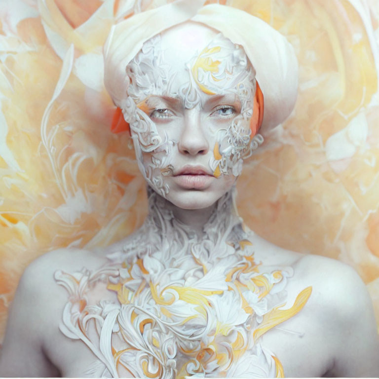 Woman with ornate white facial decorations and body art on soft orange backdrop