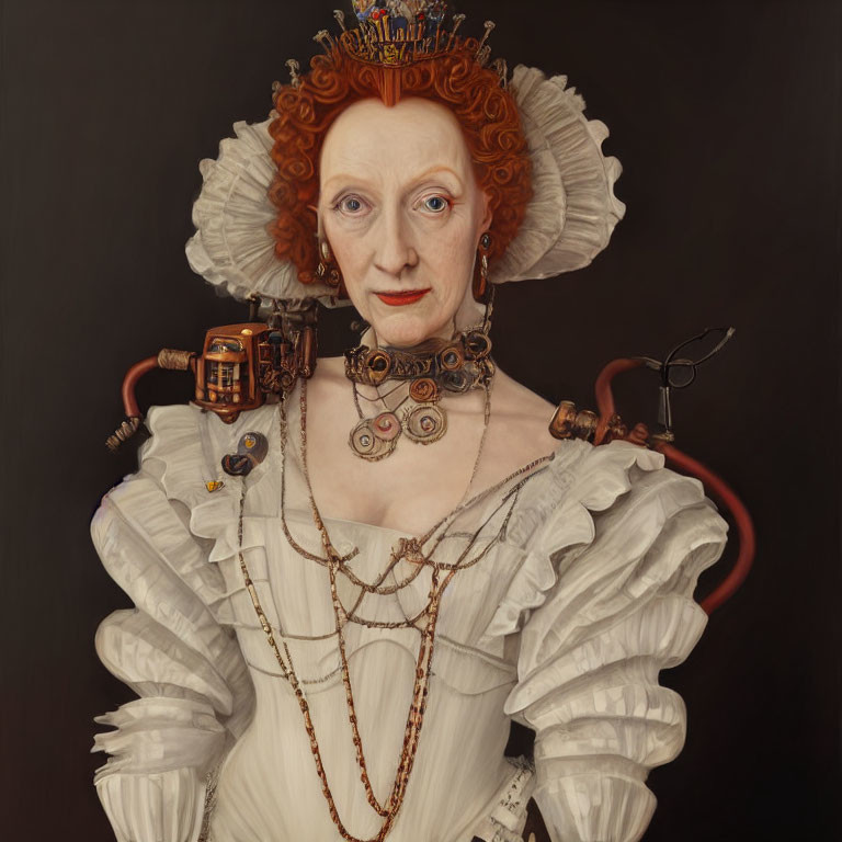 Detailed Portrait: Steampunk Woman with Red Curls and Victorian Attire