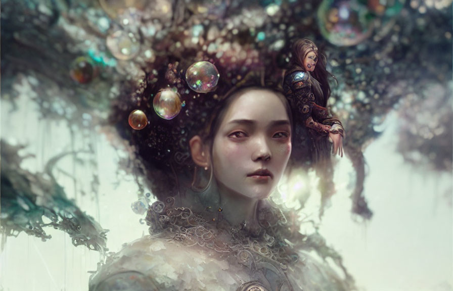 Fantasy portrait of serene woman with intricate headdress and floating bubbles