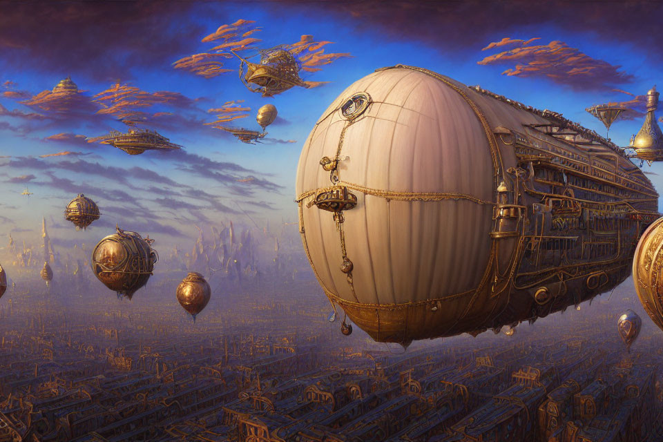 Steampunk airships over industrial cityscape at sunset