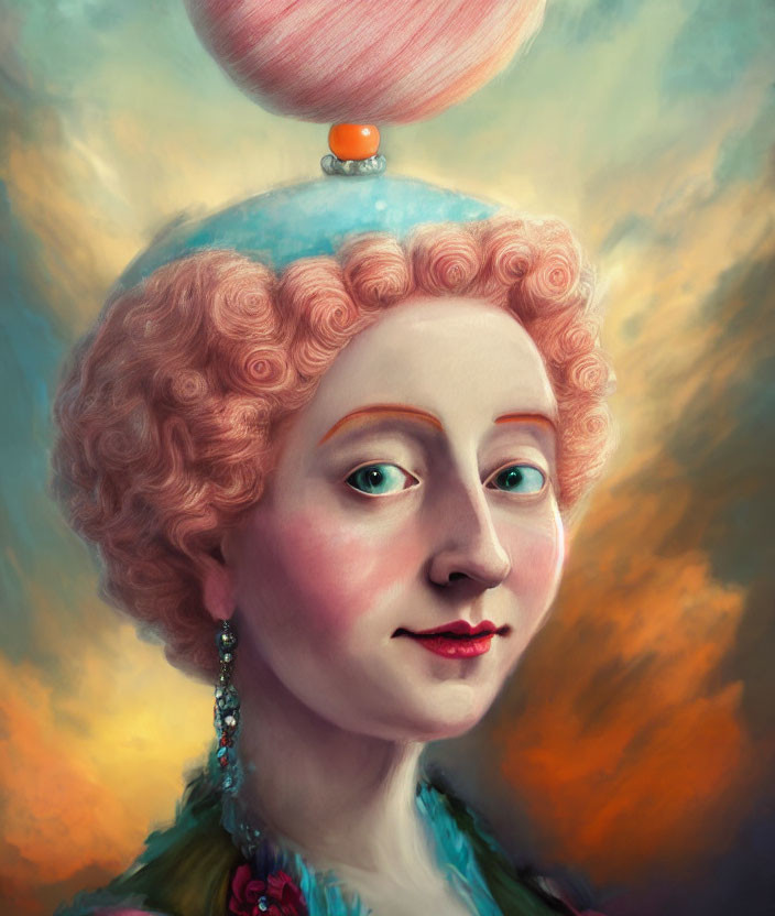 Stylized woman portrait with ornate white wig and pastel skies backdrop