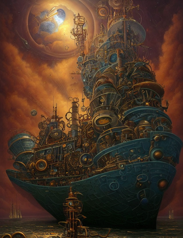Steampunk ship with intricate gears on celestial backdrop