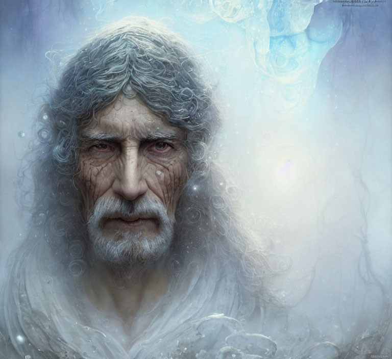 Elderly man digital portrait with gray hair and mystical blue mist