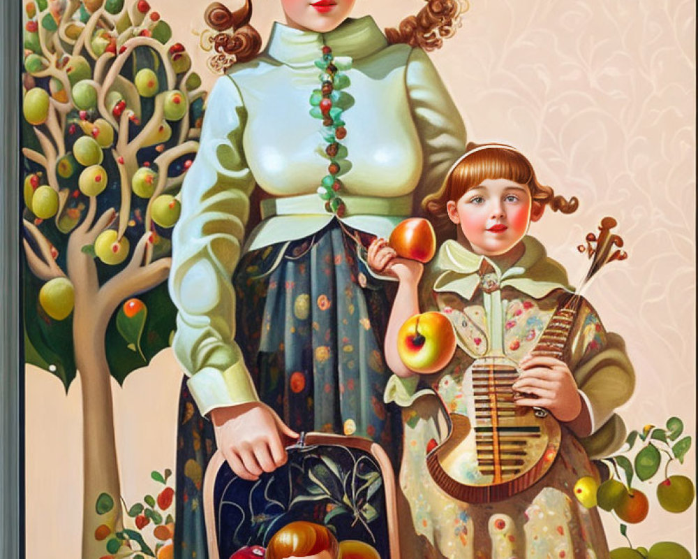 Surreal painting of woman and child in apple-themed attire among apple trees