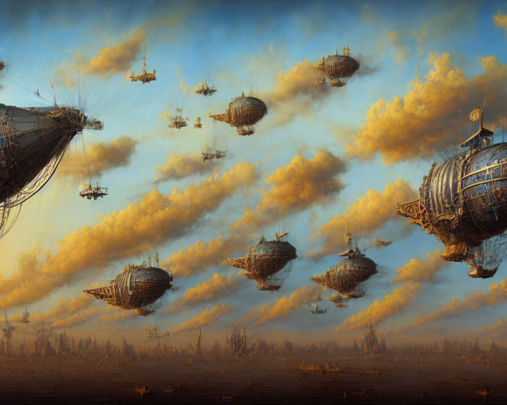 Steampunk-style airships in sunset over desolate landscape