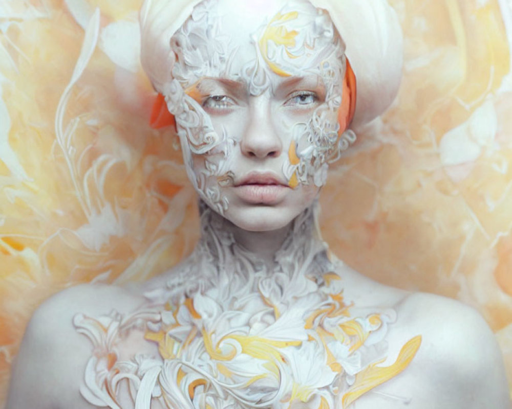 Woman with ornate white facial decorations and body art on soft orange backdrop
