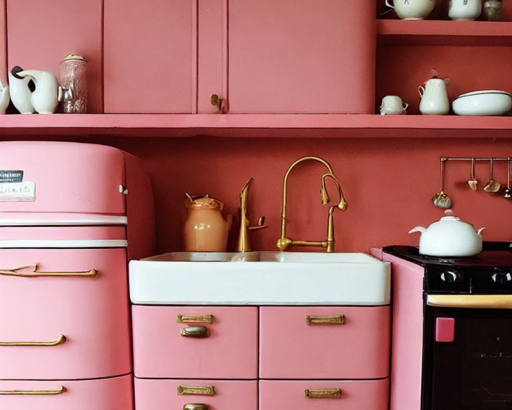 Vintage Pink Kitchen with Gold Fixtures & White Decor