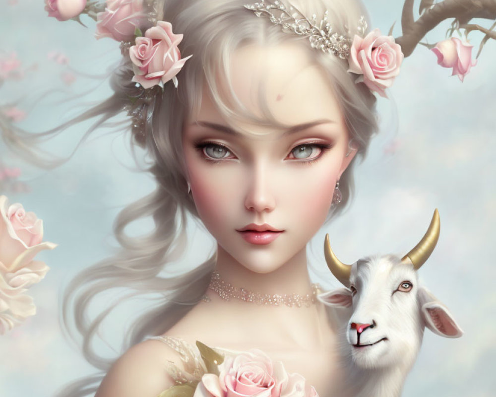 Fantasy portrait of serene woman with roses, floral tiara, and gentle goat under blooming tree