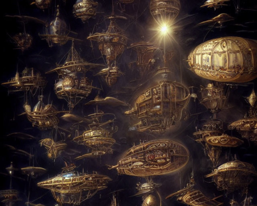 Fantastical steampunk airships in a dark, starry setting
