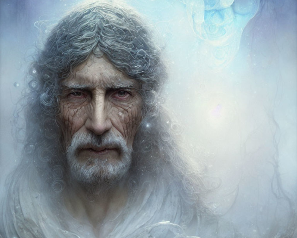 Elderly man digital portrait with gray hair and mystical blue mist
