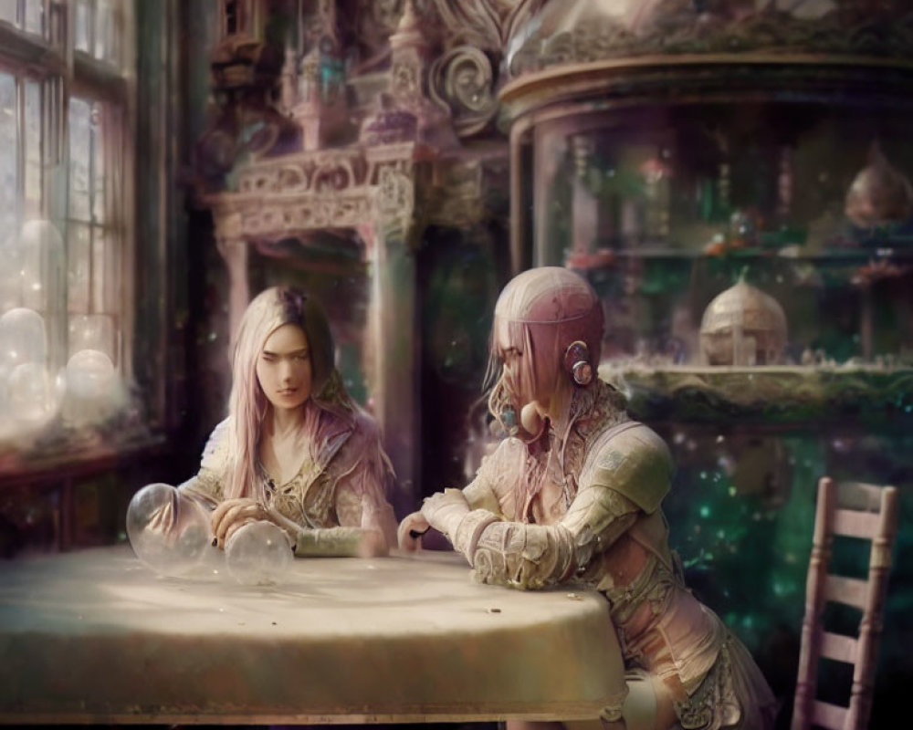 Vintage room with two individuals and a crystal ball on a table surrounded by mystical artifacts