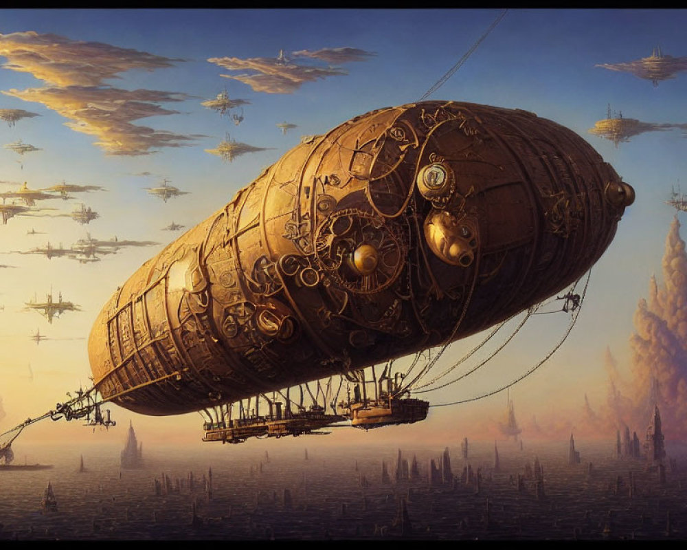 Steampunk airship with intricate metalwork in a sky filled with similar vessels above a dusky