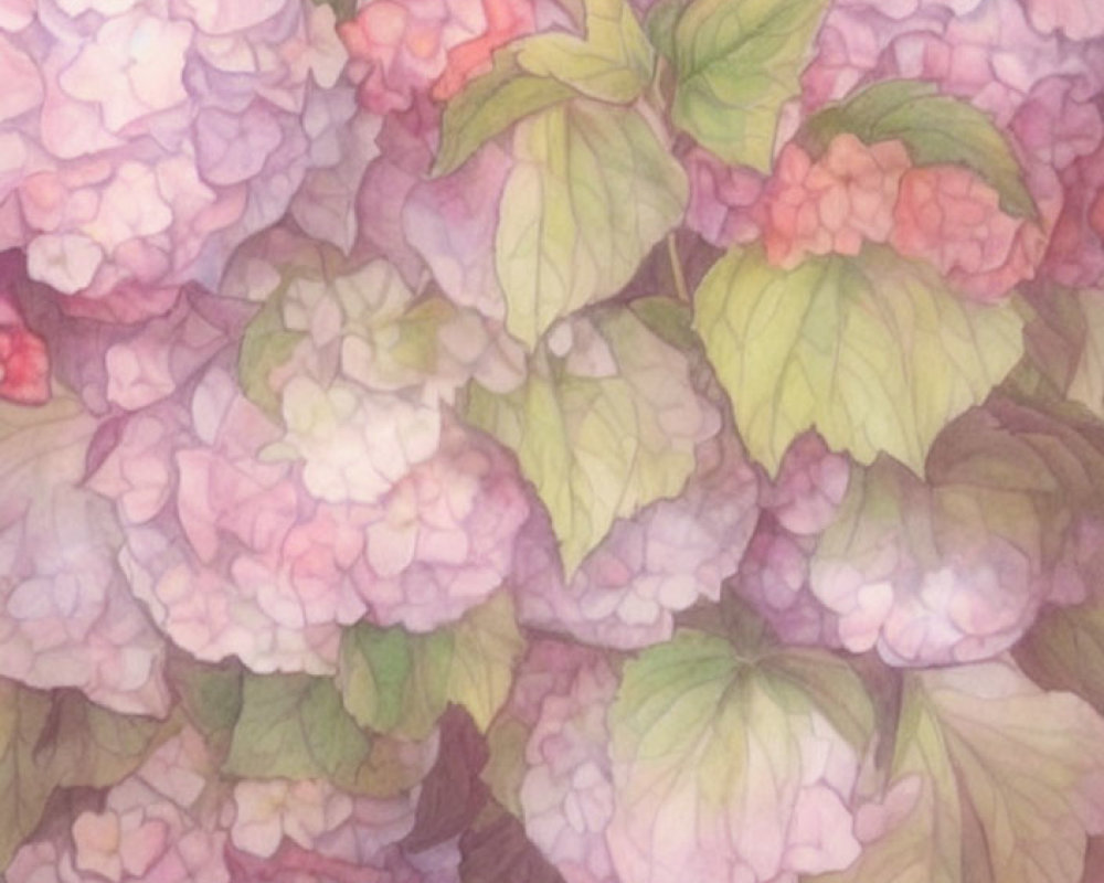 Soft Illustration of Pink and Purple Hydrangea Blossoms with Green Foliage