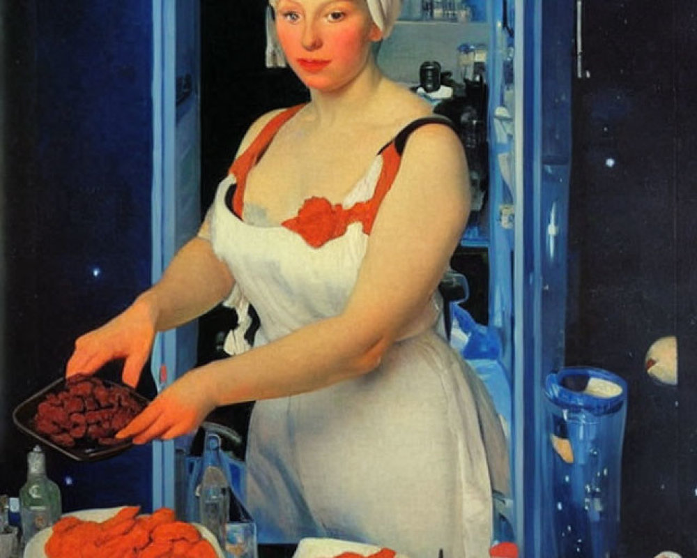 Traditional-dressed woman cooking in open hatch amidst floating kitchen items.