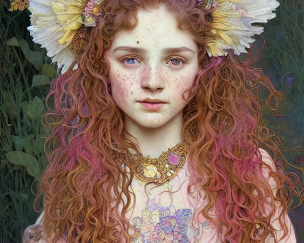 Portrait of Young Girl with Reddish Curly Hair and Floral Wreath, Pink Dress