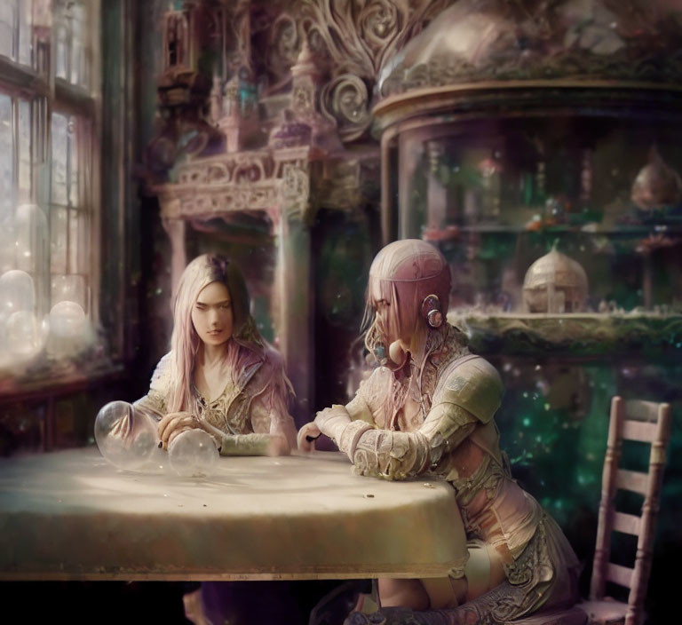 Vintage room with two individuals and a crystal ball on a table surrounded by mystical artifacts