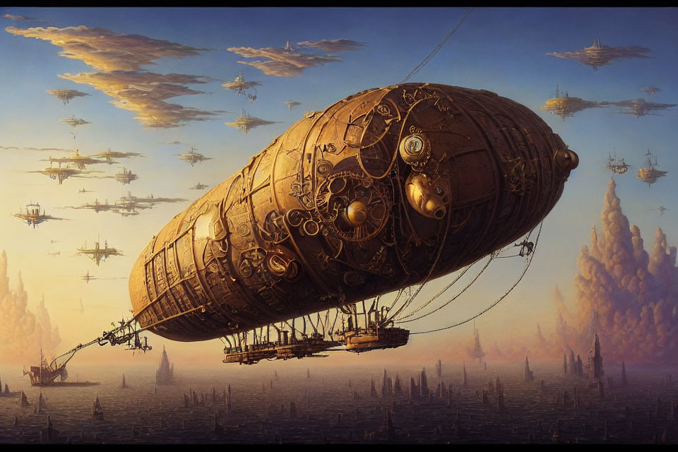 Steampunk airship with intricate metalwork in a sky filled with similar vessels above a dusky