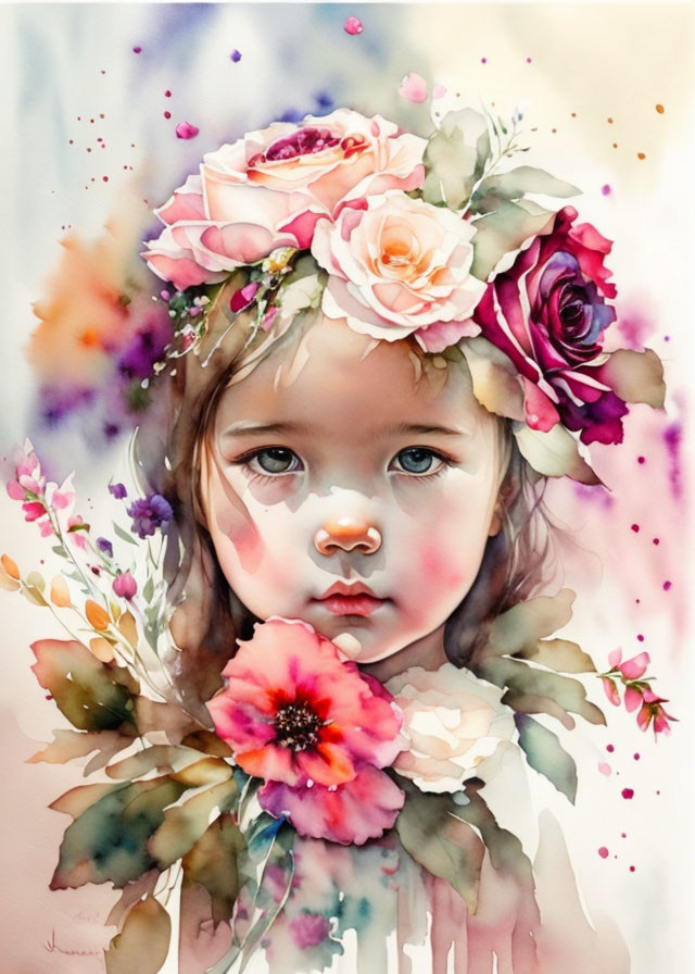 Young Girl Watercolor Painting with Flower Crown in Soft Pastel Tones
