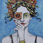 Surreal portrait featuring person with floral headpiece and rose-covered eye against blue backdrop