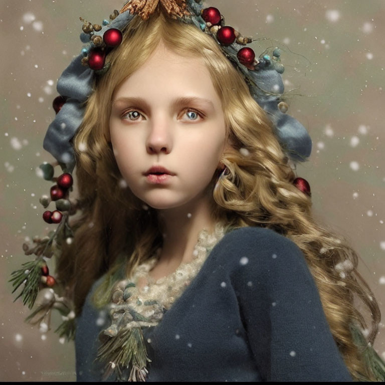 Blonde Girl with Winter Wreath and Snowflakes