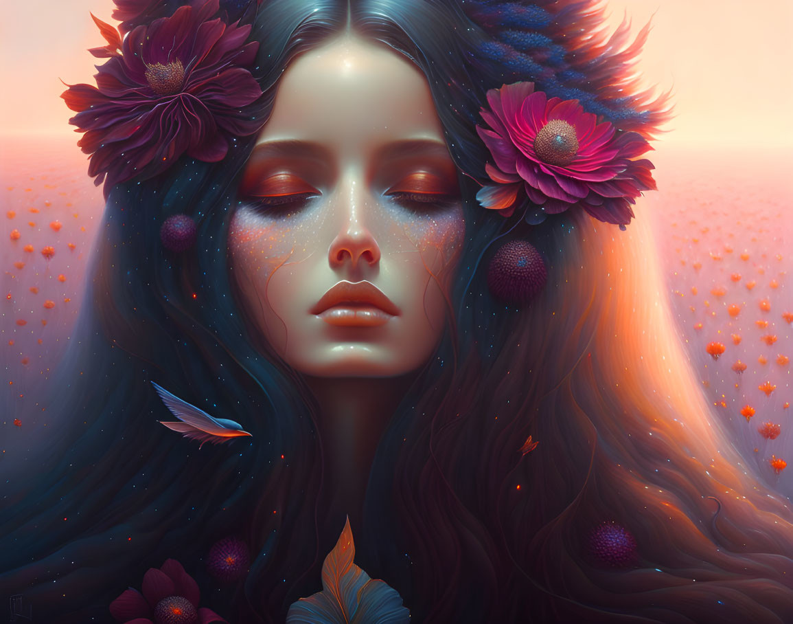 Surreal image of woman with flowers in dark flowing hair