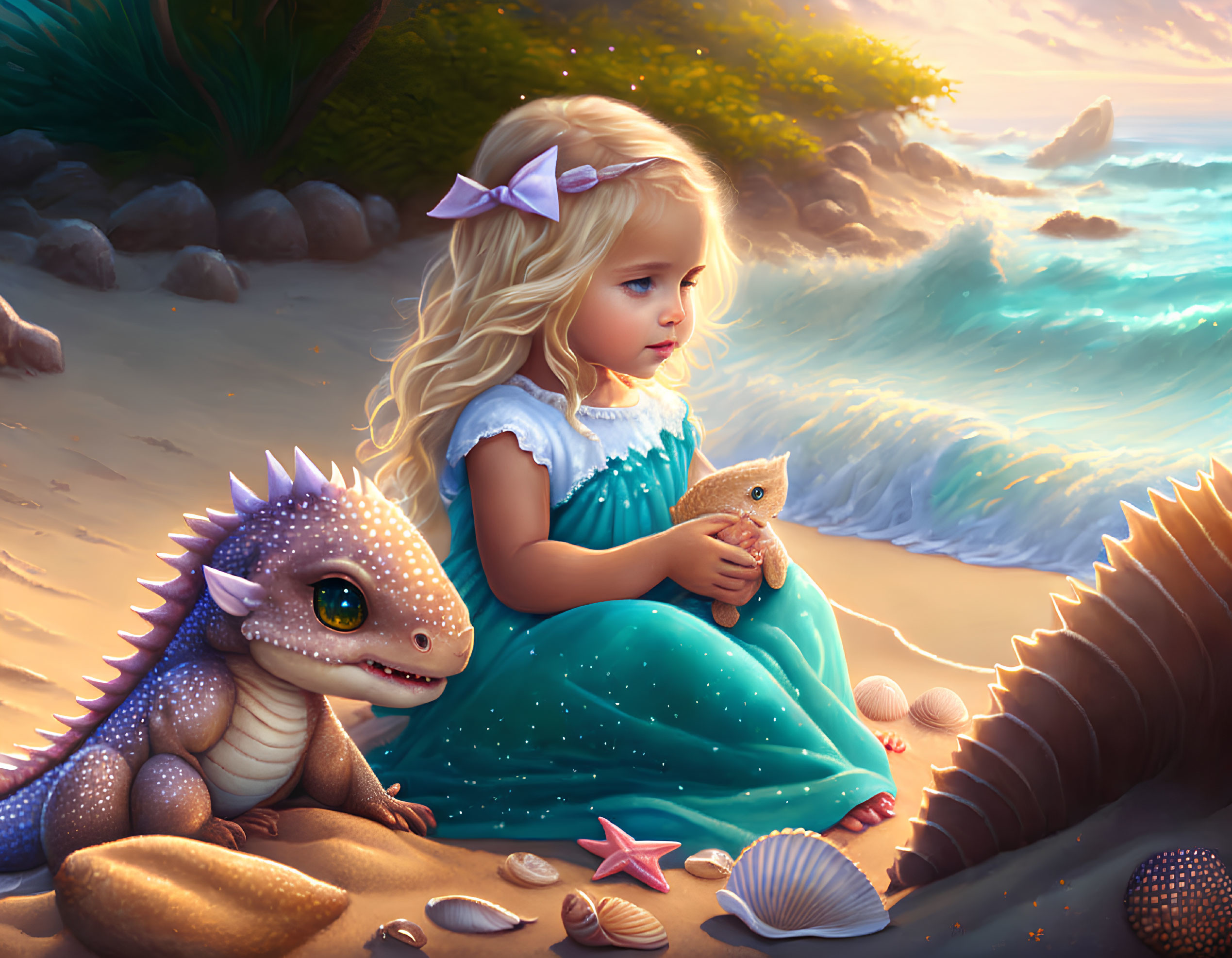 Young girl in blue dress with baby dragon on beach at sunset with shells and starfish.