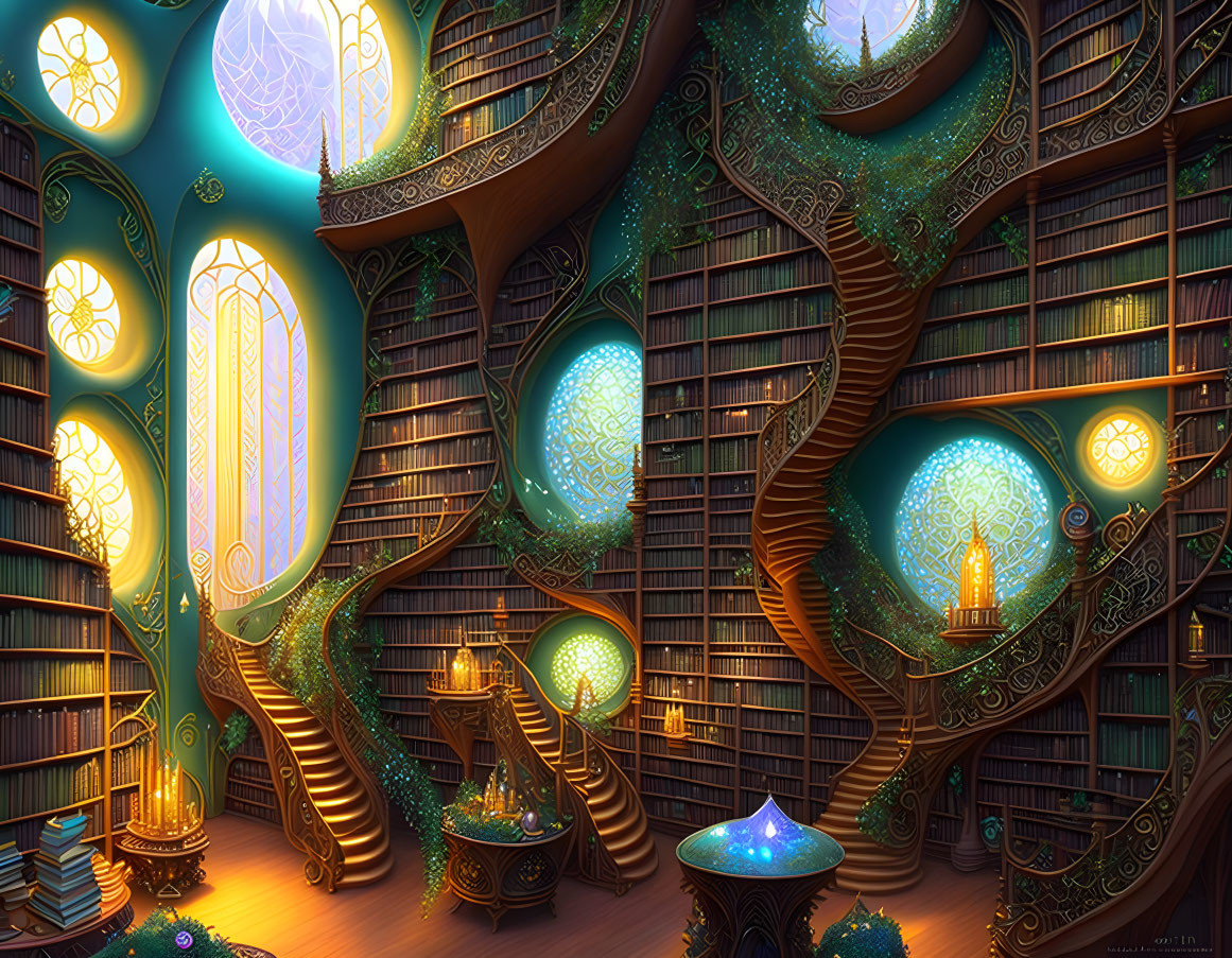 Enchanting Library with Glowing Tree Designs and Spiral Staircases